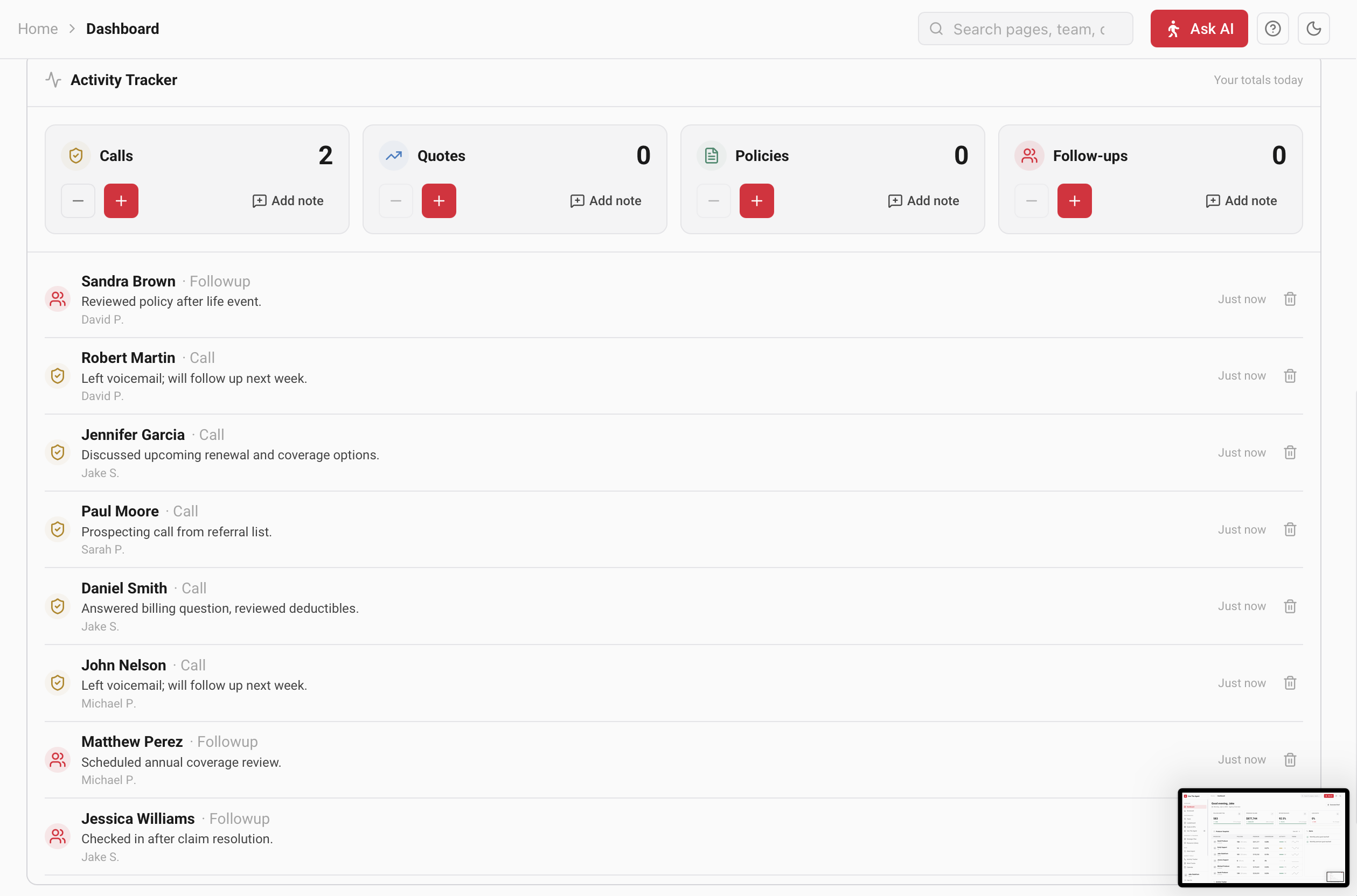 Activity tracker with call, quote and follow-up counters and a live feed