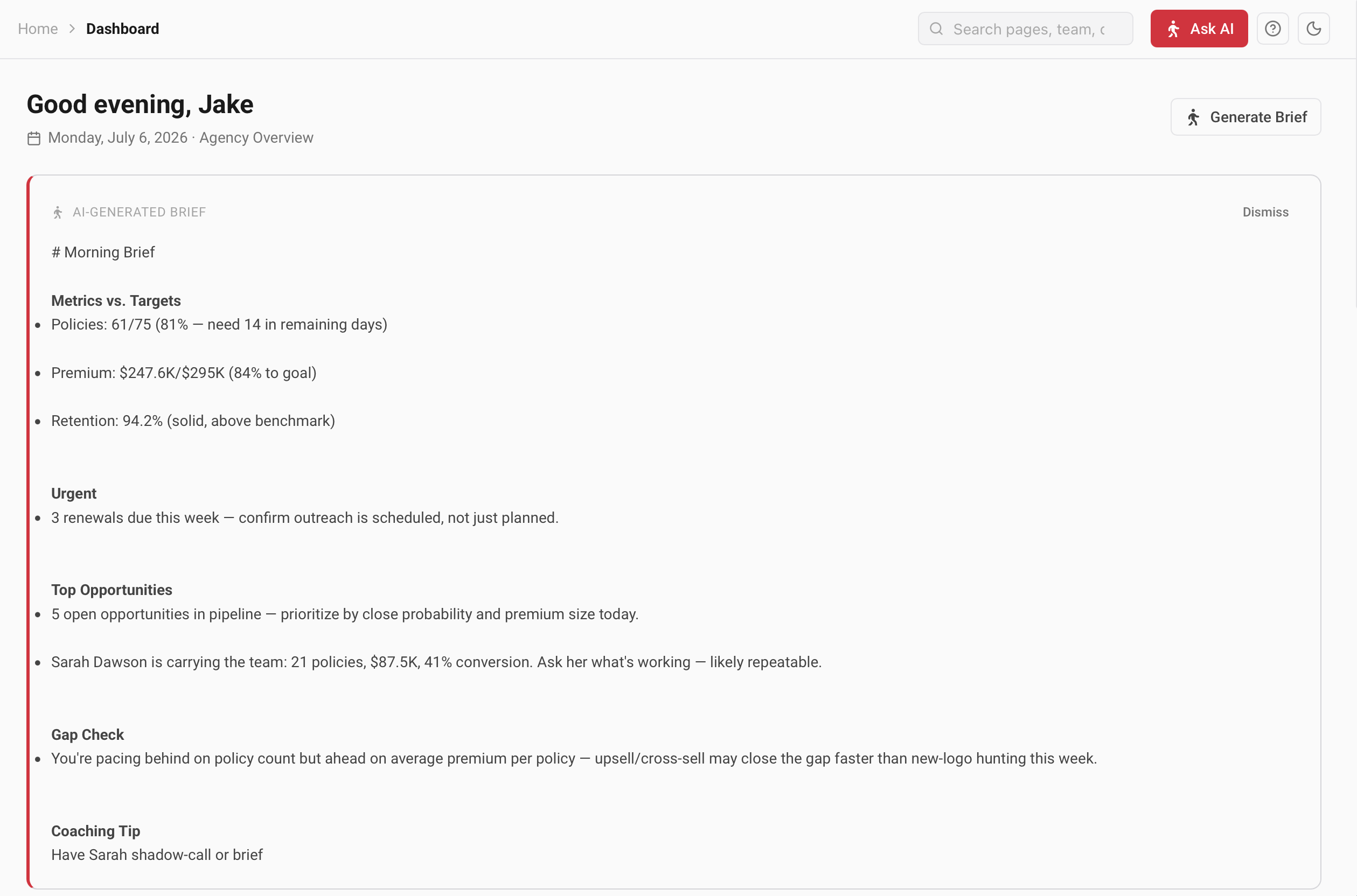 AI-generated morning brief on the dashboard