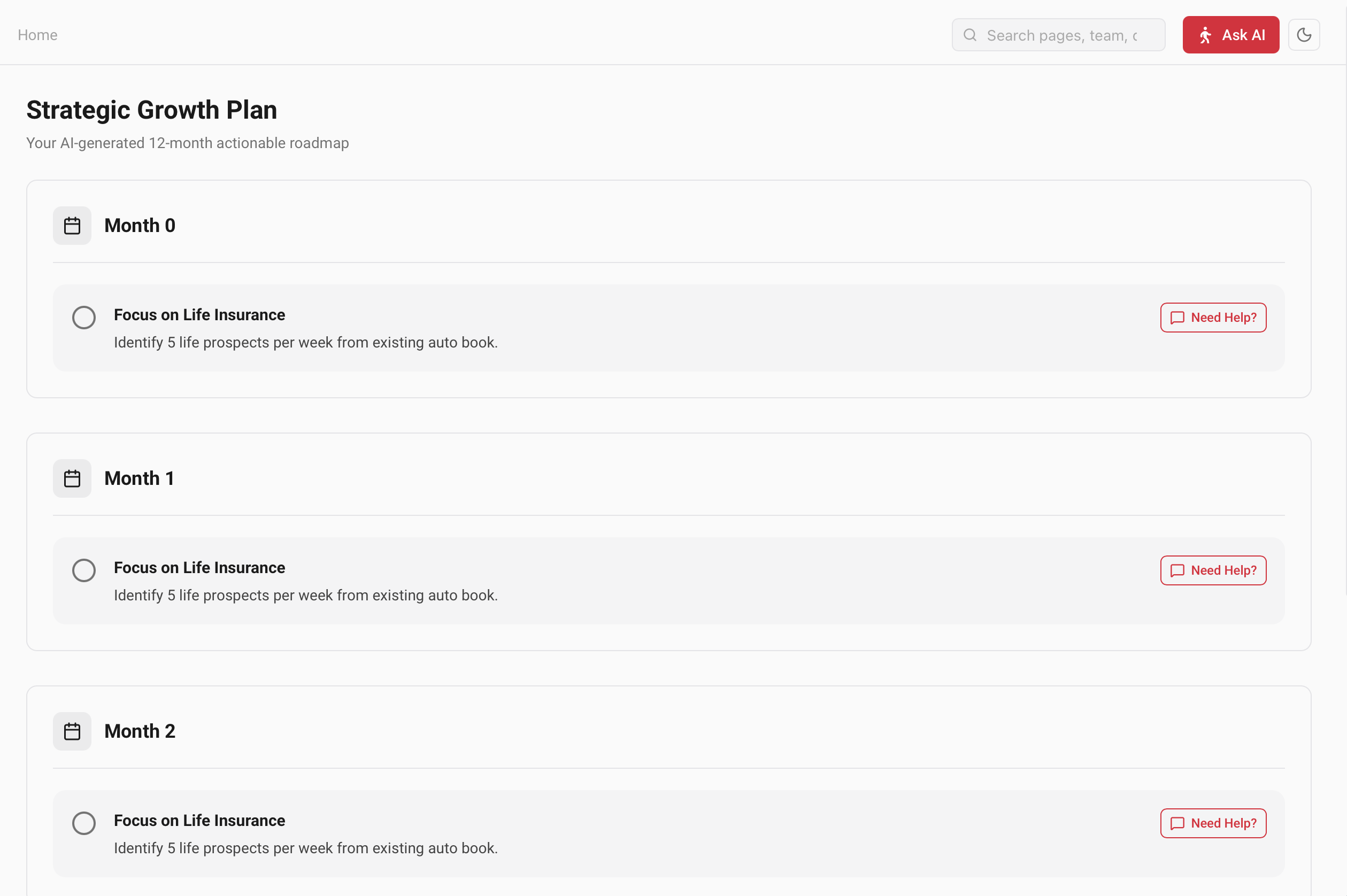 AI-generated strategic growth plan with monthly action items